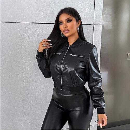 Damen cropped Kunstlederjacke mit glänzendem Finish und dekorativen Reißverschlüssen EB