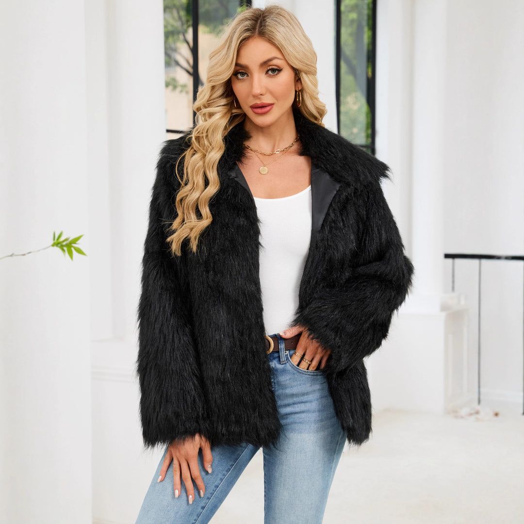 Damen Flauschige Kunstpelzjacke mit Umlegekragen und lockerer Passform EB