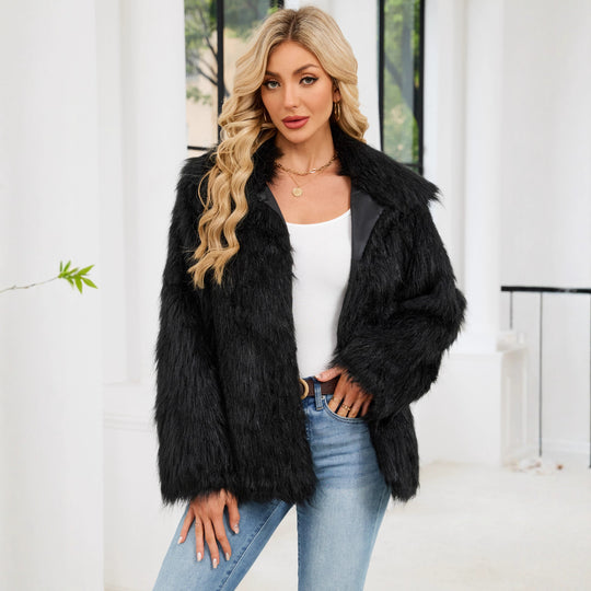 Damen Flauschige Kunstpelzjacke mit Umlegekragen und lockerer Passform EB