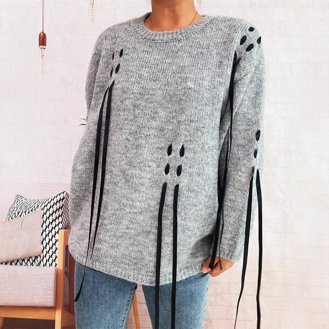 Damen lässiger Strickpullover mit dekorativen Bindebändern EB
