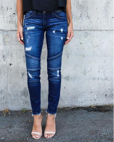 Damen schmal geschnittene Jeans mit modischem Rippdesign und ausgefranstem Saum EB