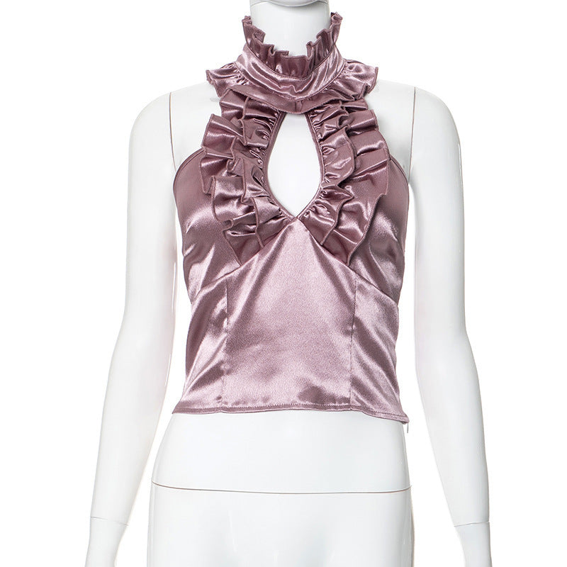 Damen elegantes Top mit rüschendem Stehkragen und tiefem Ausschnitt EB