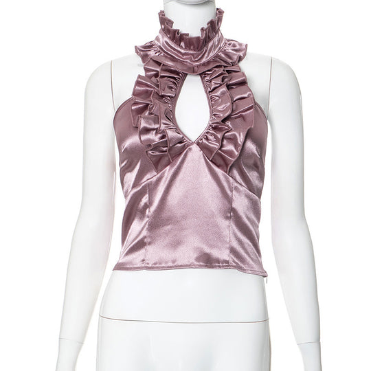 Damen elegantes Top mit rüschendem Stehkragen und tiefem Ausschnitt EB