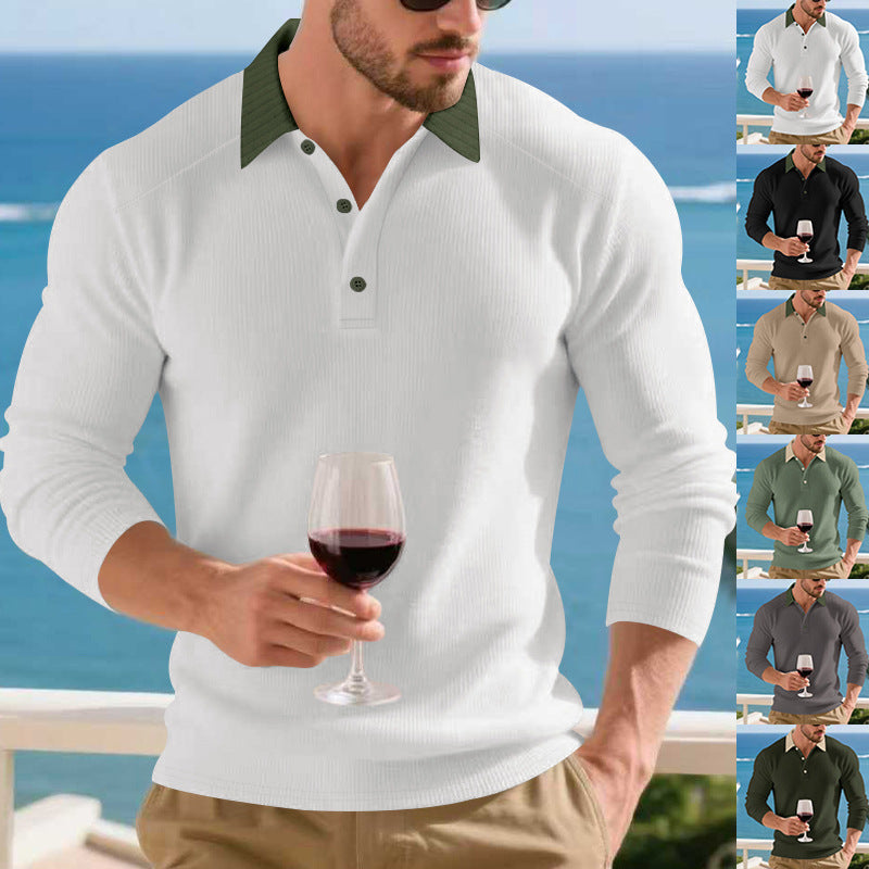 Herren Langarm Poloshirt mit strukturiertem Design und kontrastierendem Stehkragen EB