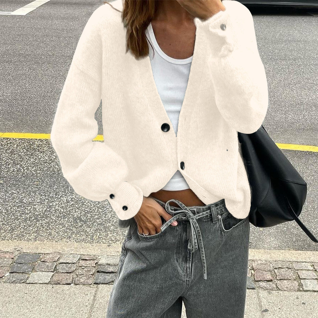 Damen nan lässige Strickjacke mit tiefem V-Ausschnitt, aufgesetzten Knopfleisten und Ballonärmeln EB