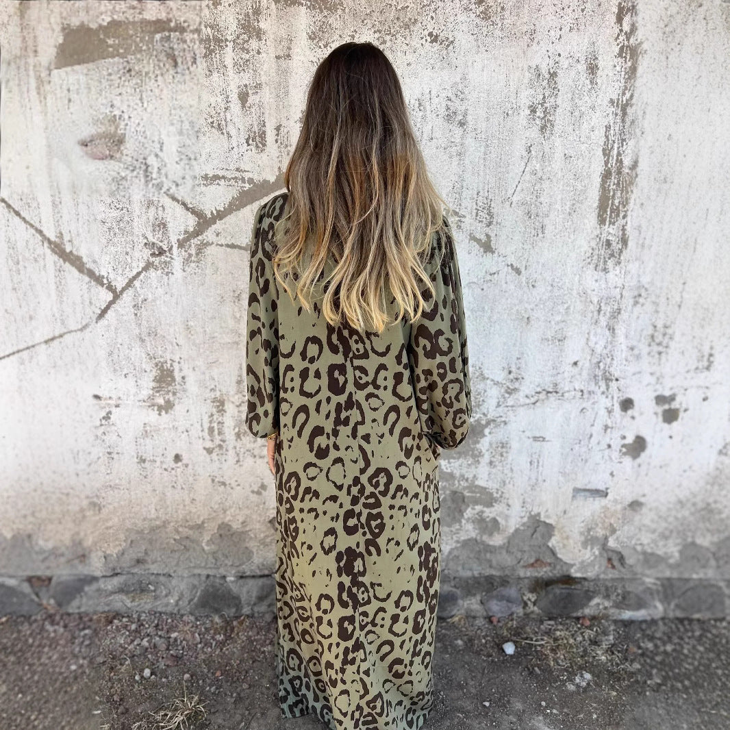 Damen Langarm Maxikleid mit Animal-Print und praktischen Taschen EB