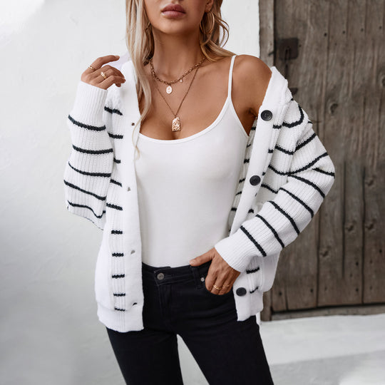 Damen gestreifte Strickjacke mit Kapuze und Taschen EB