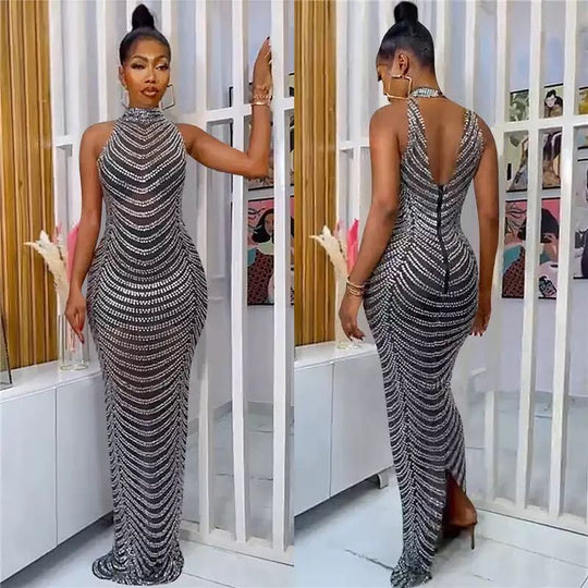 Damen Glamouröses Pailletten-Maxikleid mit figurbetontem Schnitt und schickem Rückenausschnitt EB