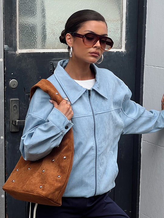 Damen lässige Kunstlederjacke mit modernem Schnitt und praktischen Taschen EB