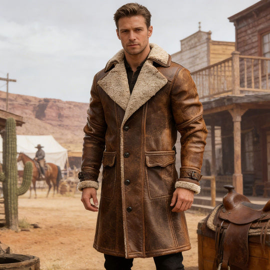 Herren nan langer vintage Biker-Ledermantel mit durchgehendem Sherpa-Futter, Pattentaschen und verstellbaren Schnallenmanschetten EB