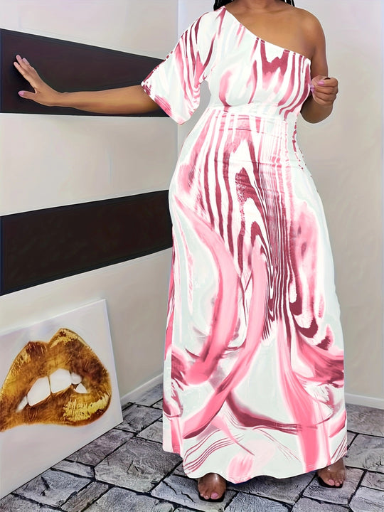 Damen Maxikleid mit asymmetrischem Ausschnitt und modernem Wellenmuster EB