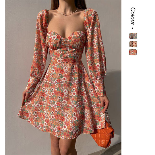 Damen Puffärmel Kleid mit romantischem Blumenmuster und herzförmigem Ausschnitt EB