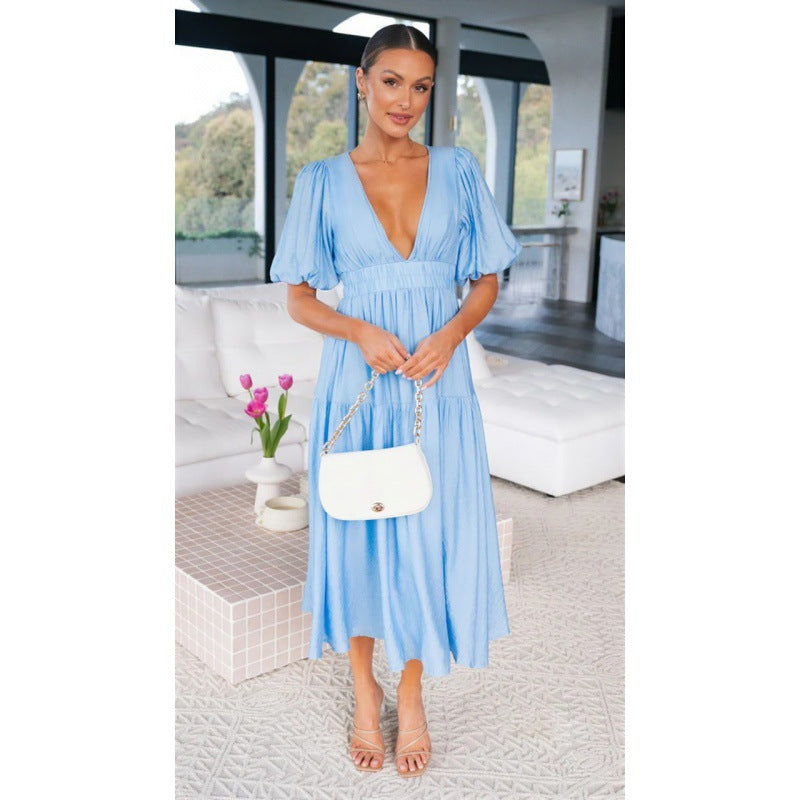Damen Midi-Kleid mit Puffärmeln und tiefem V-Ausschnitt EB