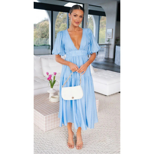 Damen Midi-Kleid mit Puffärmeln und tiefem V-Ausschnitt EB