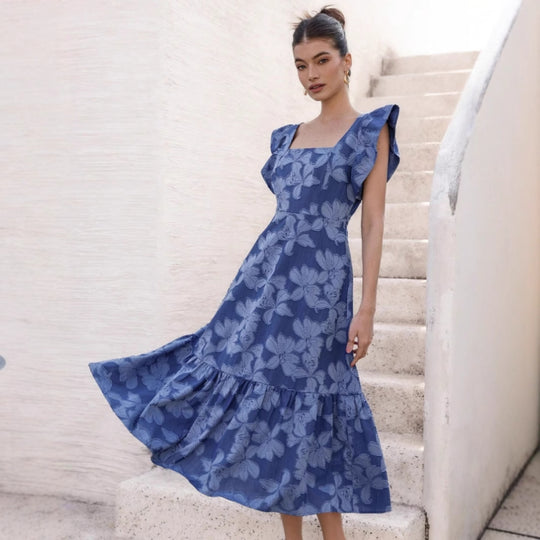 Damen Maxikleid mit floralem Streifenmuster und taillierter Silhouette EB