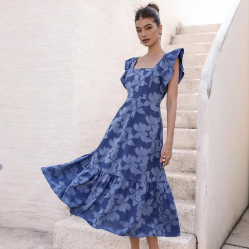 Damen Maxikleid mit floralem Streifenmuster und taillierter Silhouette EB