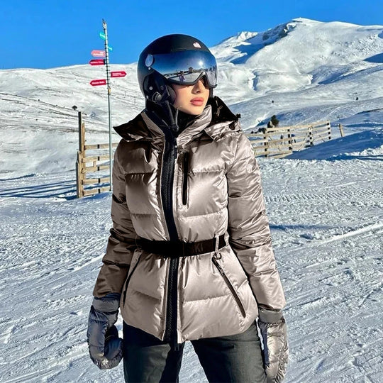 Damen warme Steppjacke mit abnehmbarer Kapuze und Taillengürtel EB