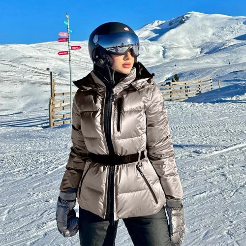 Damen warme Steppjacke mit abnehmbarer Kapuze und Taillengürtel EB