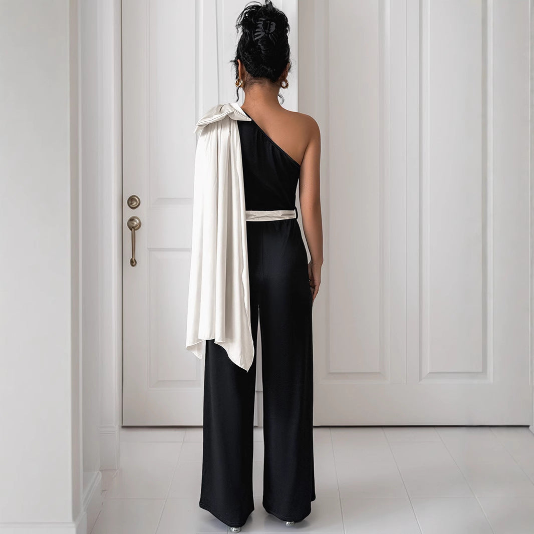 Damen eleganter Jumpsuit mit asymmetrischem Ausschnitt und dekorativem Taillengürtel EB