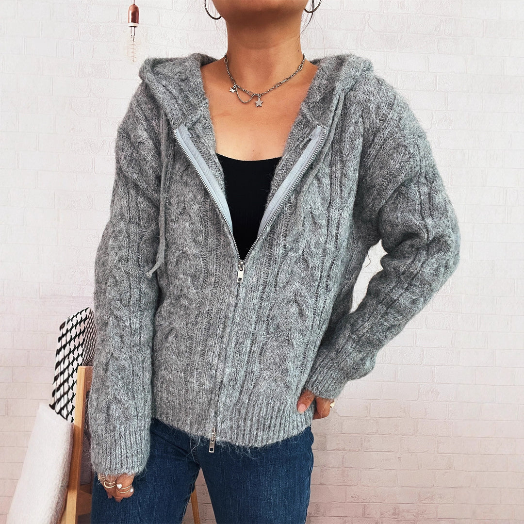 Damen kuschelige Grobstrickjacke mit Kapuze und Reißverschluss EB
