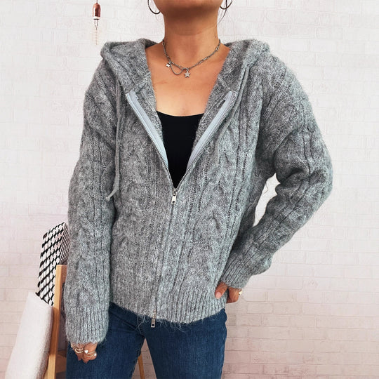 Damen kuschelige Grobstrickjacke mit Kapuze und Reißverschluss EB