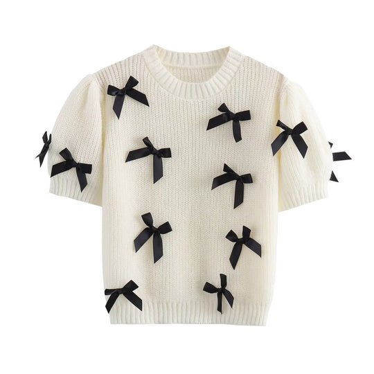 Damen modischer Strickpullover mit Puffärmeln und dekorativen Schleifen EB