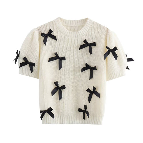 Damen modischer Strickpullover mit Puffärmeln und dekorativen Schleifen EB