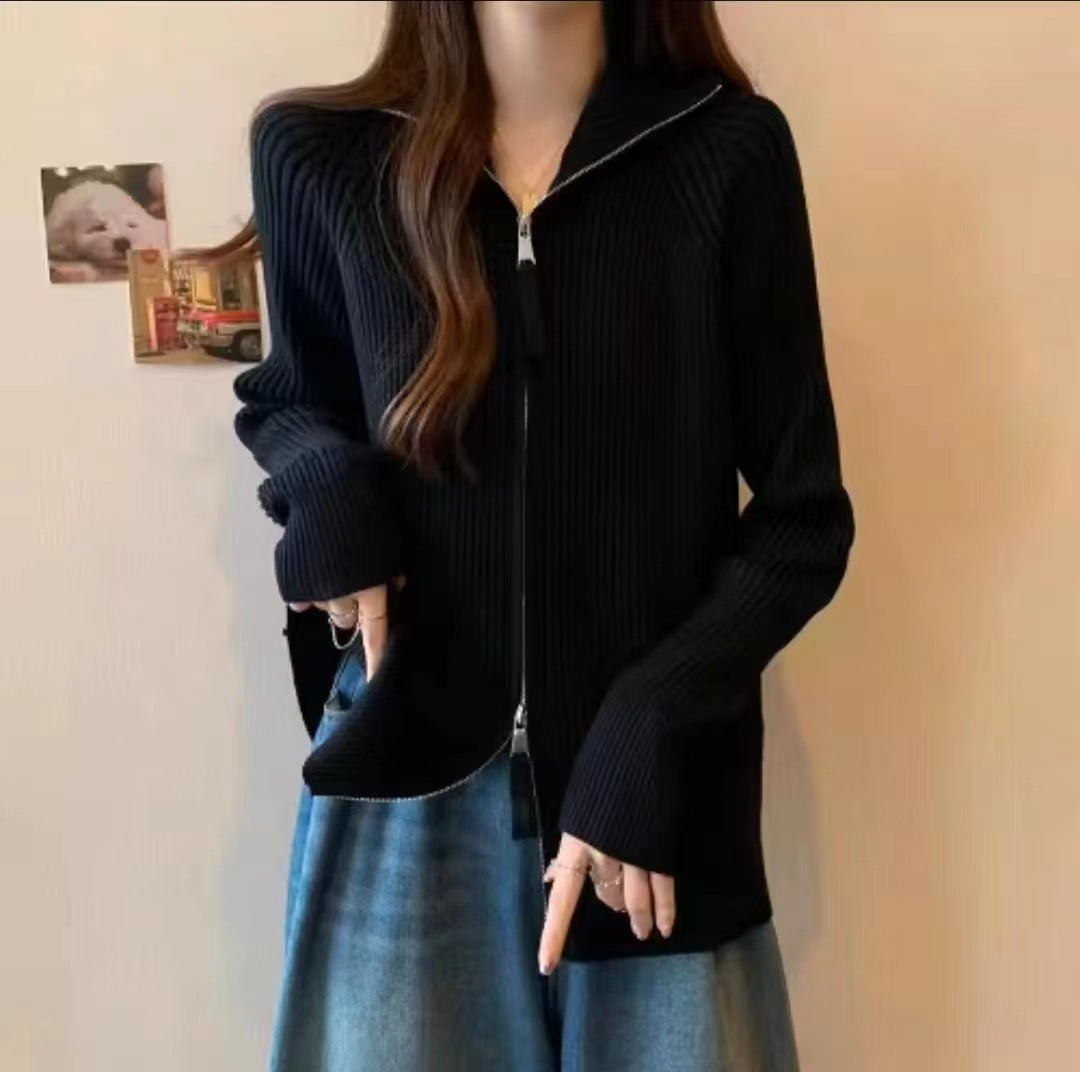 Damen Modische Strickjacke mit hohem Kragen und Reißverschluss EB
