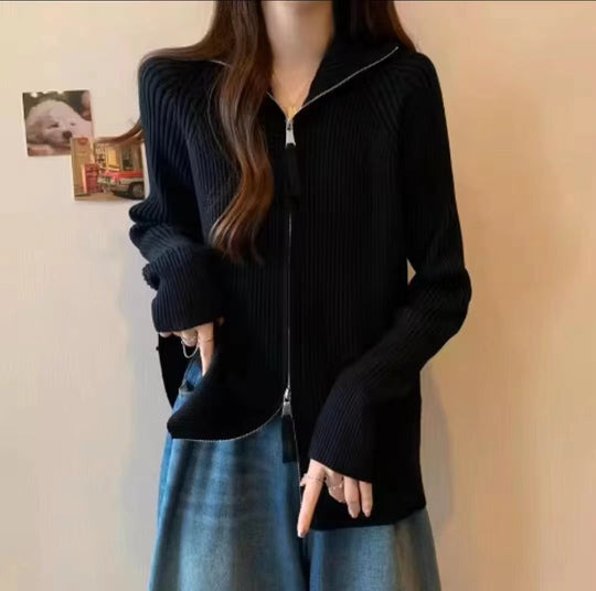 Damen Modische Strickjacke mit hohem Kragen und Reißverschluss EB