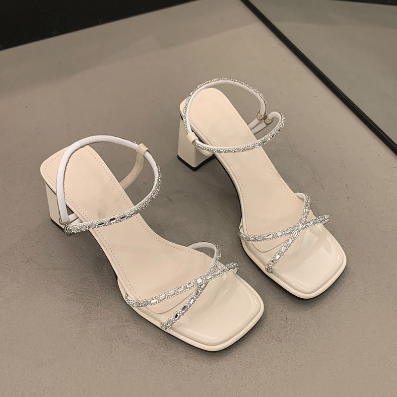 Damen elegante Sandalen mit funkelnden Riemchen und modischem Blockabsatz EB