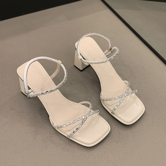 Damen elegante Sandalen mit funkelnden Riemchen und modischem Blockabsatz EB