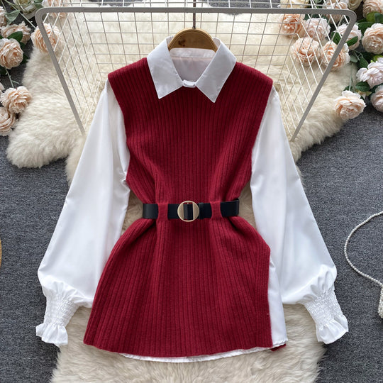 Damen Lagenlook-Bluse mit Rippstrick-Überwurf und Taillengürtel EB