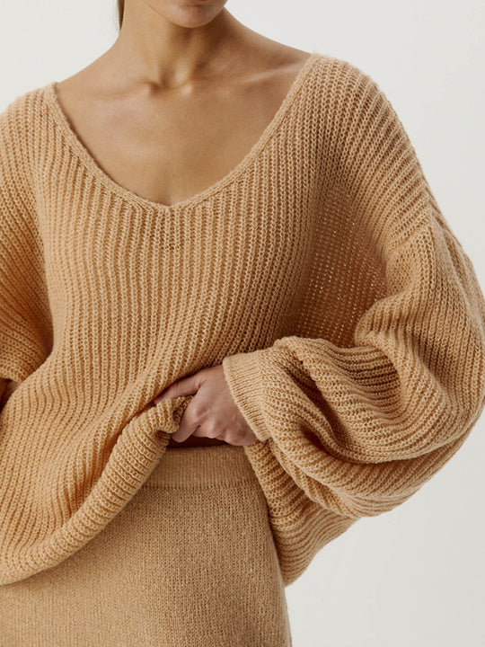 Damen lässiger Strickpullover mit weiten Ärmeln und tiefem V-Ausschnitt EB