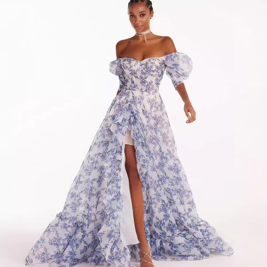 Damen Festliches Maxikleid mit schulterfreiem Design und floralen Rüschendetails EB