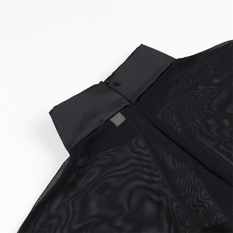 Damen elegantes Minikleid mit transparenten Ärmeln und hohem Kragen EB