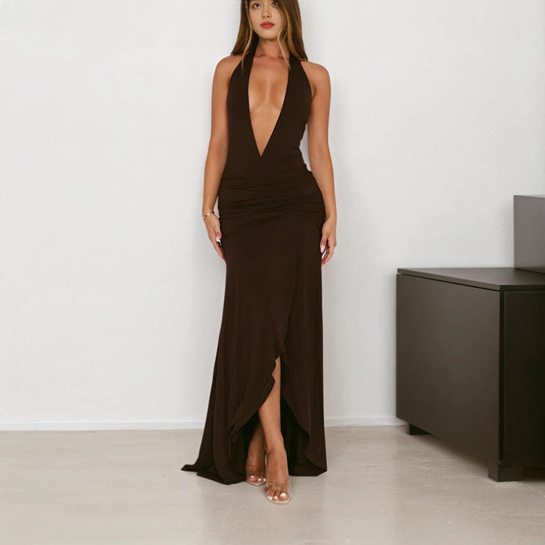 Damen Elegantes Wickelkleid mit tiefem V-Ausschnitt und asymmetrischem Saum EB