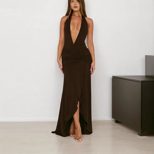 Damen Elegantes Wickelkleid mit tiefem V-Ausschnitt und asymmetrischem Saum EB