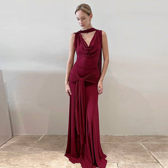 Damen schulterfreies Wickelmaxikleid mit drapiertem Oberteil und seitlichem Bindegürtel EB