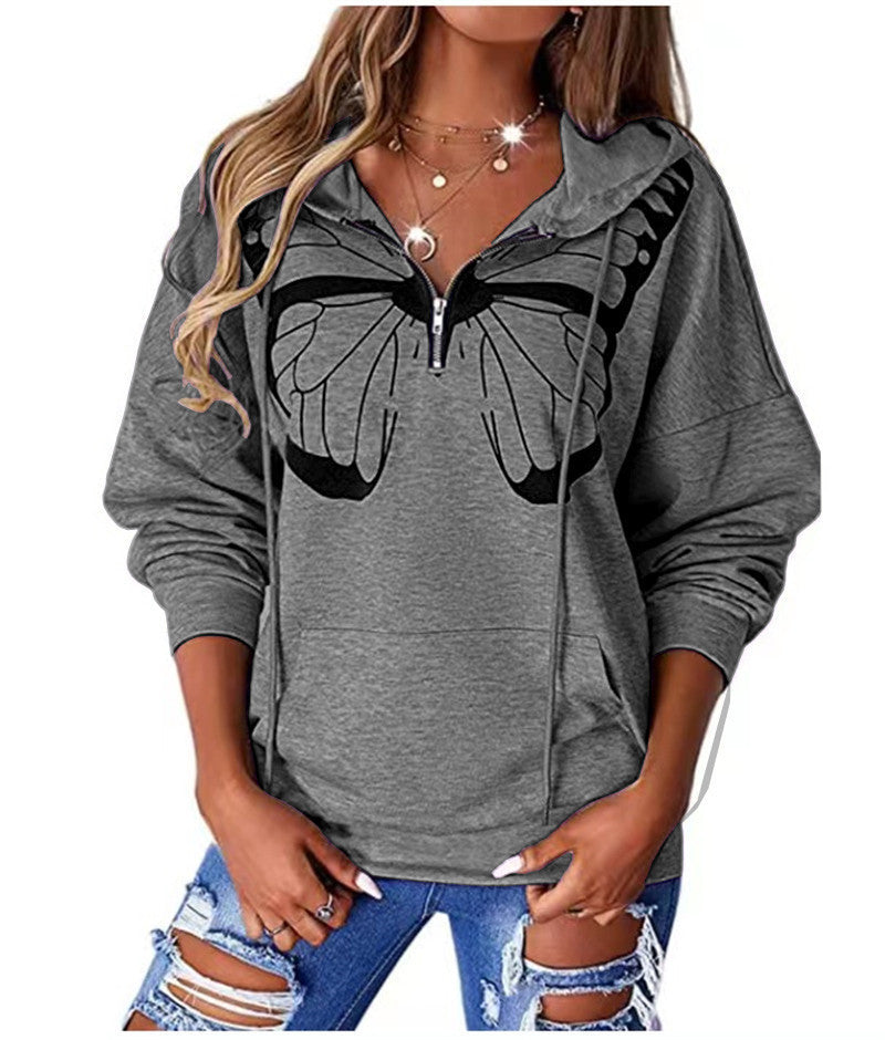Damen lässiger Kapuzenpullover mit Schmetterlingsdruck und Halber Reißverschluss EB