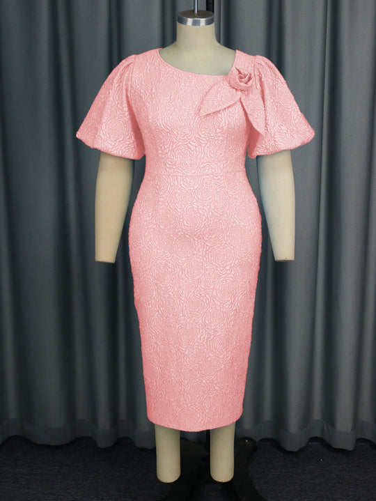 Damen elegantes Etuikleid mit fließenden Puffärmeln und Blumenapplikation EB