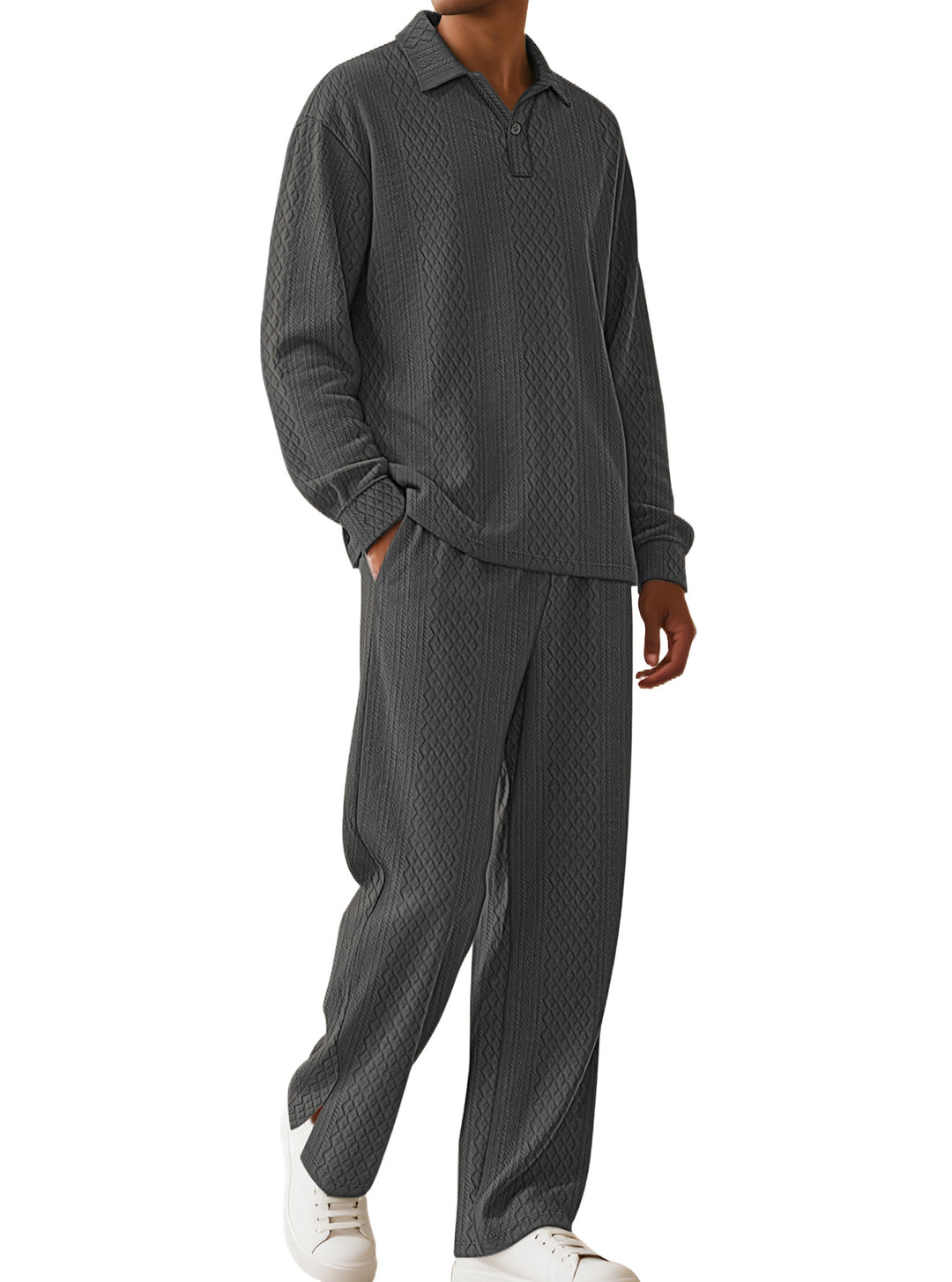 Herren nan Jacquard-Strickset mit Polokragen, legerer Passform und gerader Hose EB