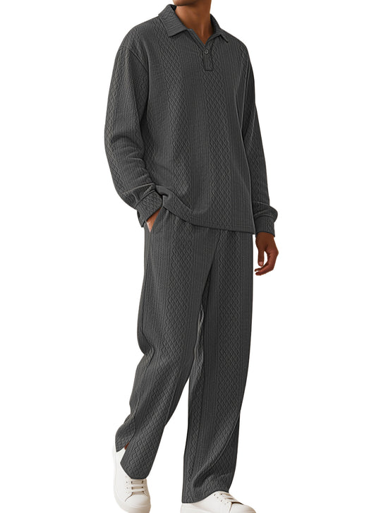 Herren nan Jacquard-Strickset mit Polokragen, legerer Passform und gerader Hose EB