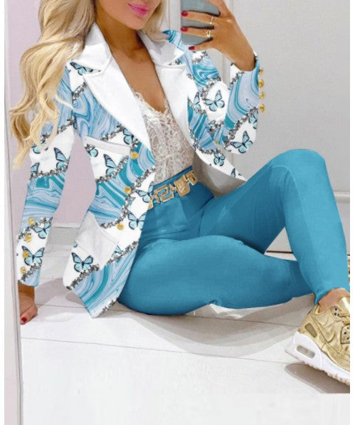 Damen Zweiteiliges Blazer-und-Hose-Set mit Schmetterlingsprint und glamourösem Glitzereffekt EB