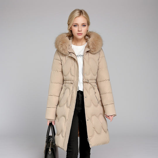 Damen modischer Puffer-Mantel mit abnehmbarem Kunstfellkragen und taillierbarem Gummizug EB