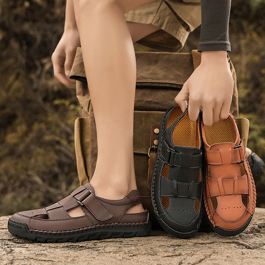 Herren Komfortable Leder-Sandalen mit verstellbaren Klettverschlüssen EB