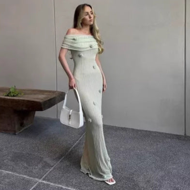 Damen Elegantes Maxikleid mit Off-Shoulder-Design und zarten 3D-Blütenapplikationen EB