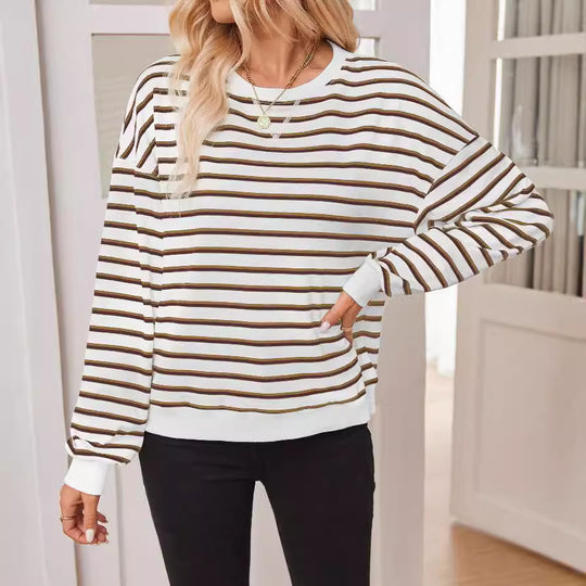 Damen lässiger Sweatshirt mit modernem Streifenmuster und Rundhalsausschnitt EB