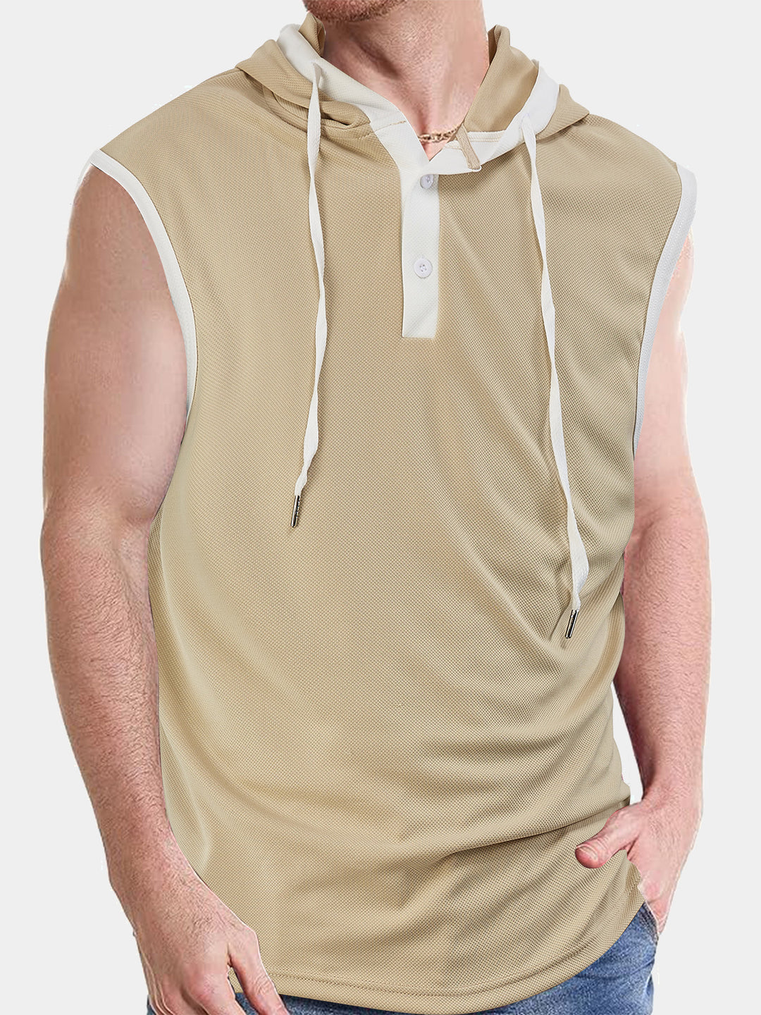 Herren nan ärmelloses Kapuzenpoloshirt mit Meshstruktur und Henley-Knopfleiste EB