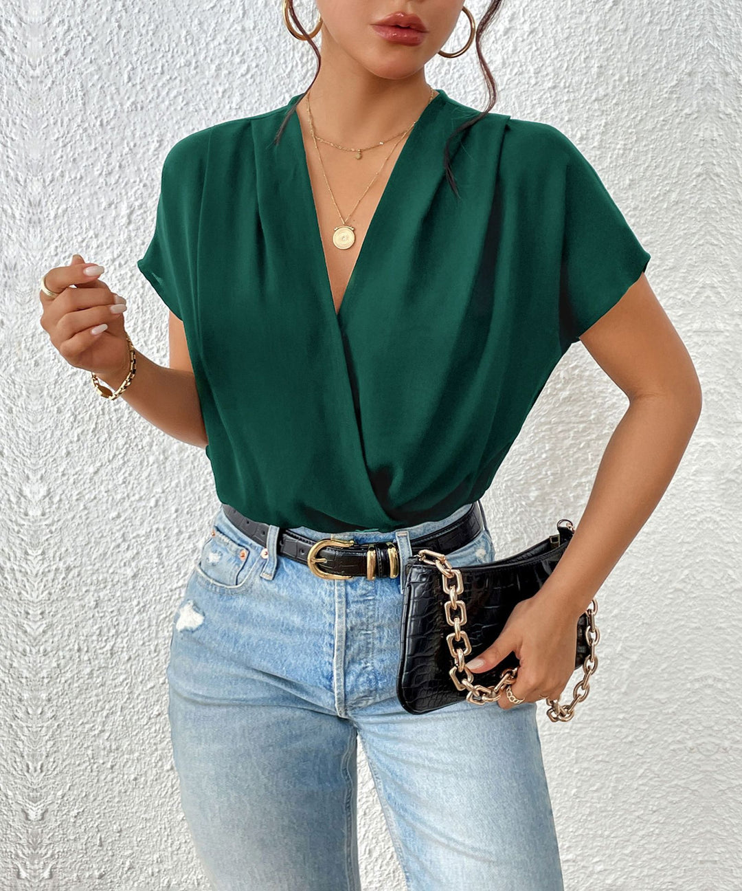Damen Blusenshirt mit eleganter Wickeloptik und kurzen Ärmeln EB