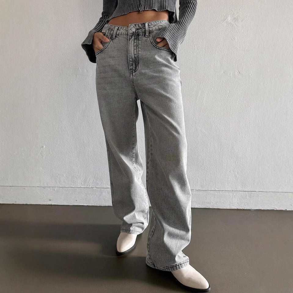 Damen weite Jeans im lässigen Vintage-Design mit hoher Taille und beständigem Stoff EB